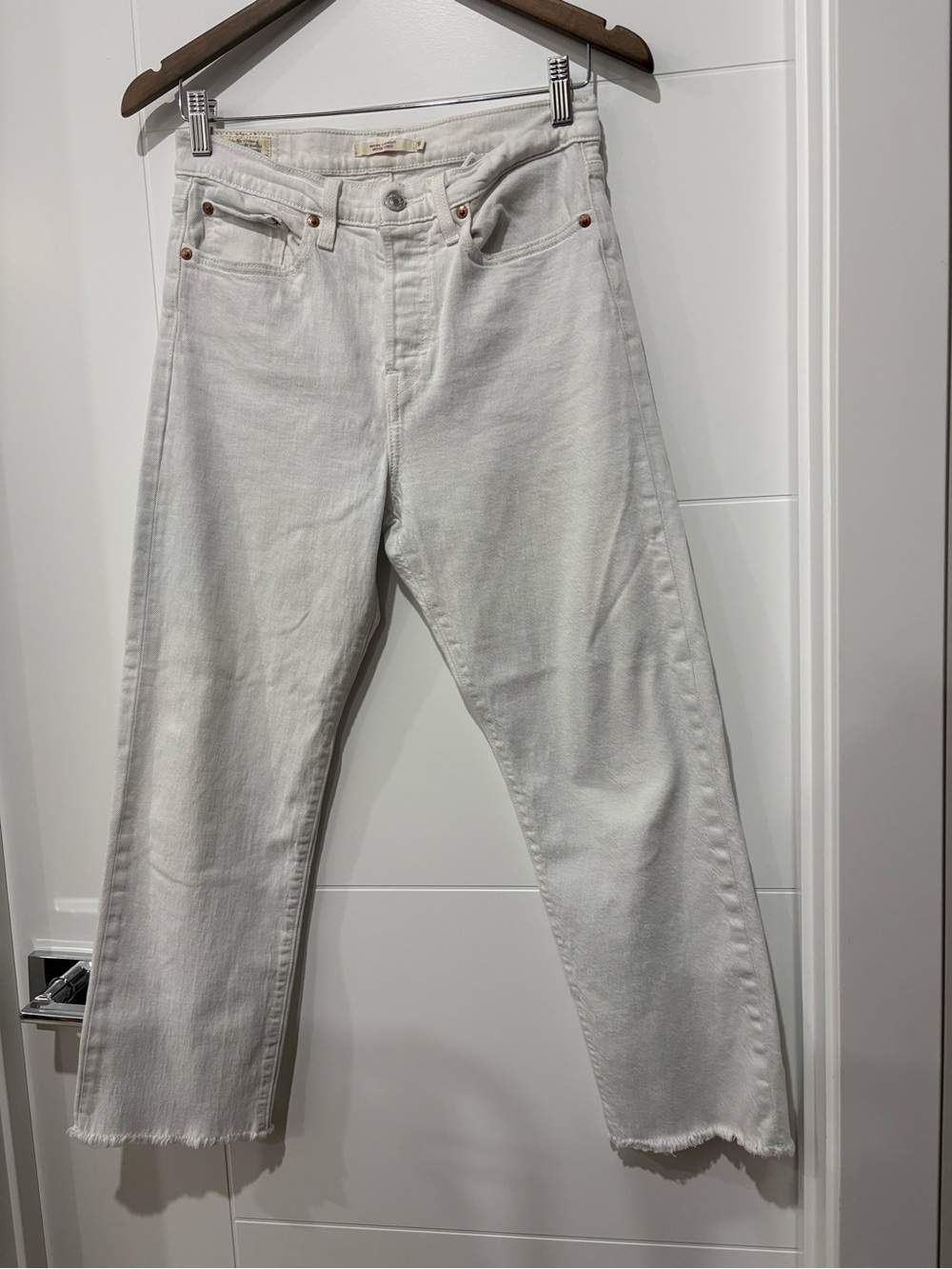 Levi's Women's Wedgie Straight Relaxed White Denim Jeans with Raw Hem